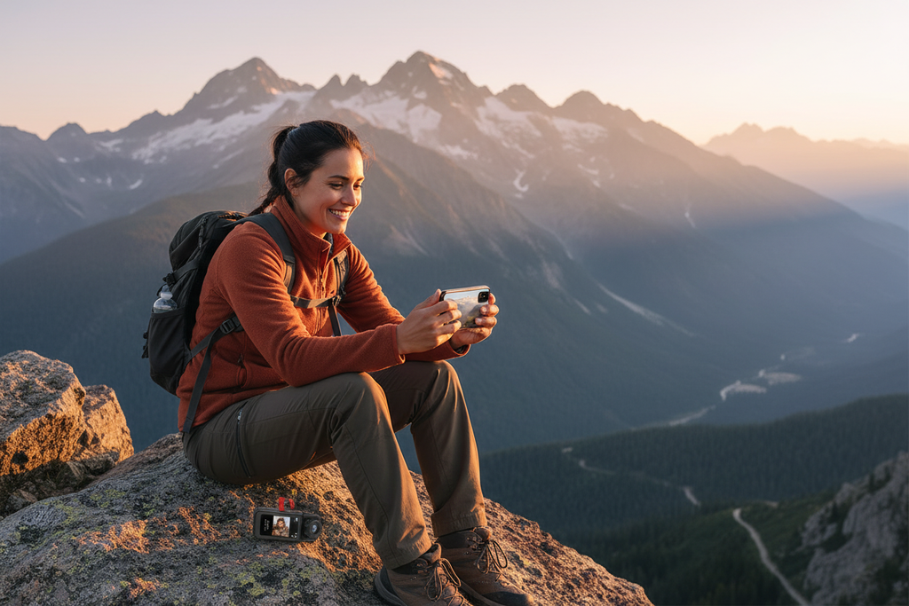 Hiker reviewing footage on phone