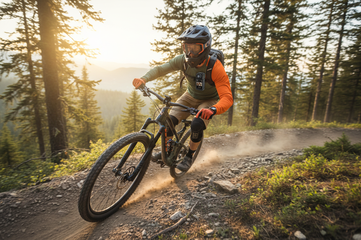 Mountain biker with Action Camera Mini on chest